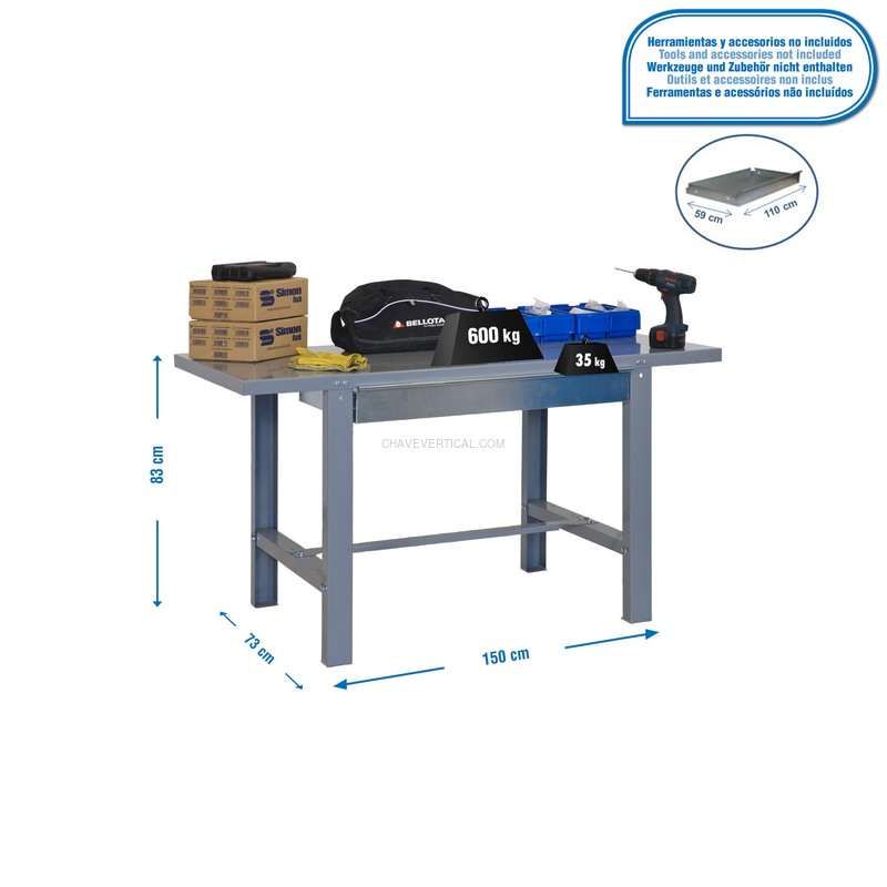 Bancada de Trabalho SIMONWORK BT6 METAL 1BOX 1500X735 Cinzento - 830 x 1500 x 730 mm