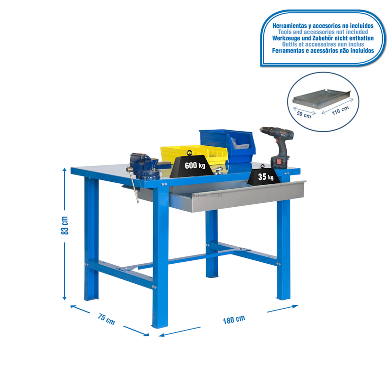 Bancada de Trabalho SIMONWORK BT6 METAL 1BOX 1800X735 AZUL - 830 x 1800 x 730 mm