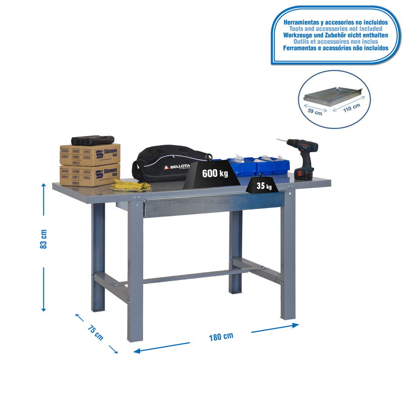 Bancada de Trabalho SIMONWORK BT6 METAL 1BOX 1800X735 Cinzento - 830 x 1800 x 730 mm