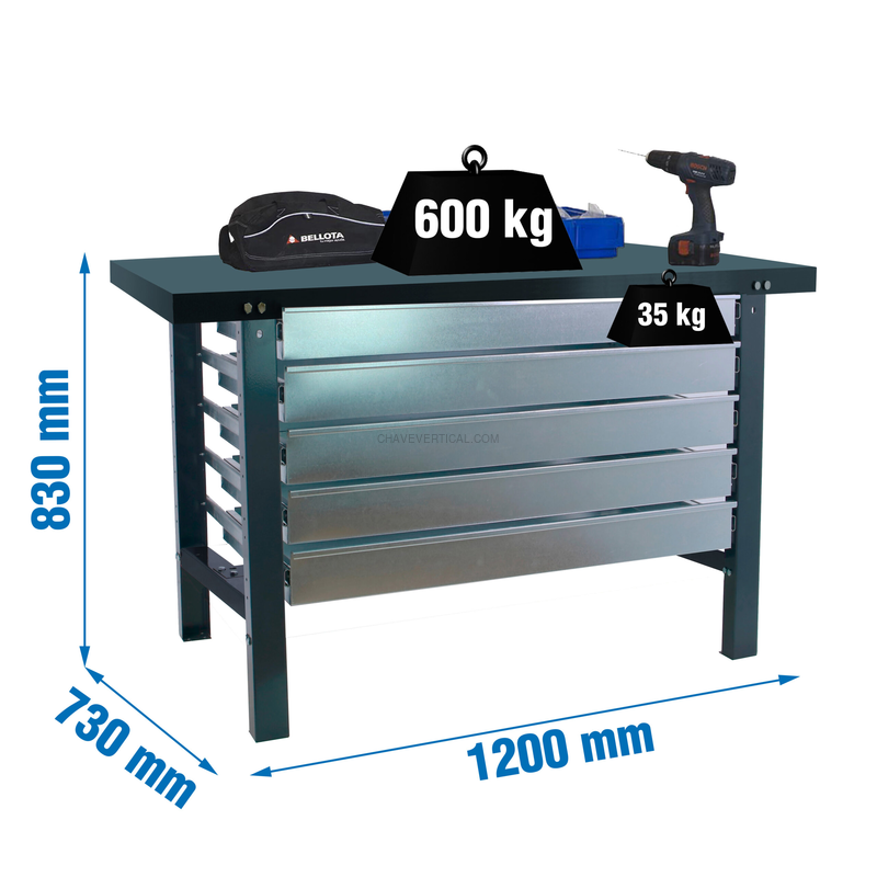 Bancada de Trabalho SIMONWORK BT6 METAL 5BOX 1200X735 Antracite - 830 x 1200 x 730 mm