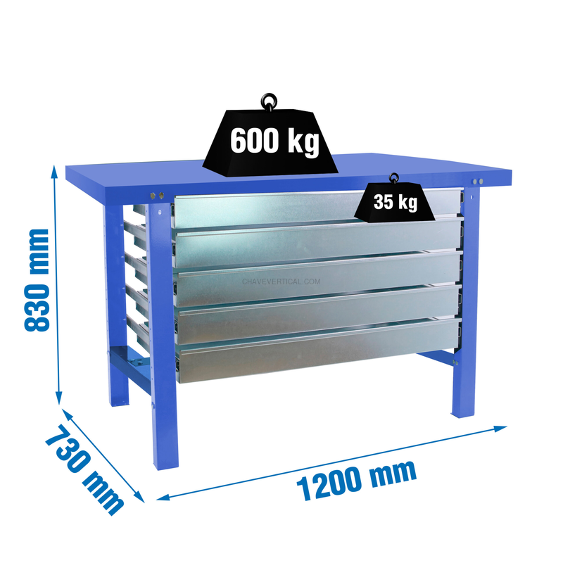 Bancada de Trabalho SIMONWORK BT6 METAL 5BOX 1200X735 AZUL - 830 x 1200 x 730 mm