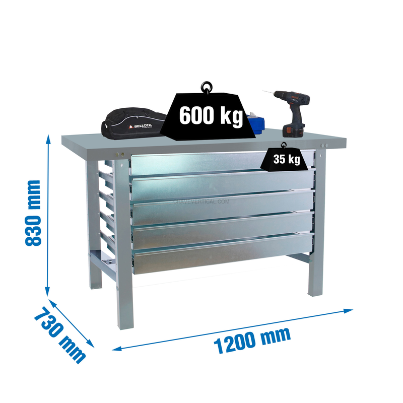 Bancada de Trabalho SIMONWORK BT6 METAL 5BOX 1200X735 Cinzento - 830 x 1200 x 730 mm