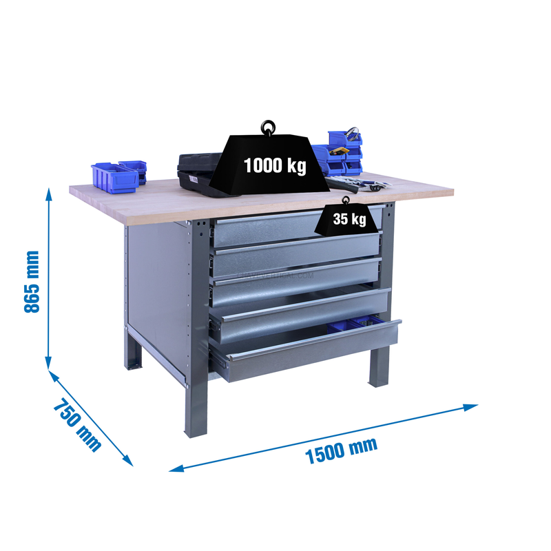 Bancada de Trabalho SIMONWORK BT6 PRO LAMINATE 5BOX 1500 Cinzento/HAYA - 865 x 1500 x 750 mm