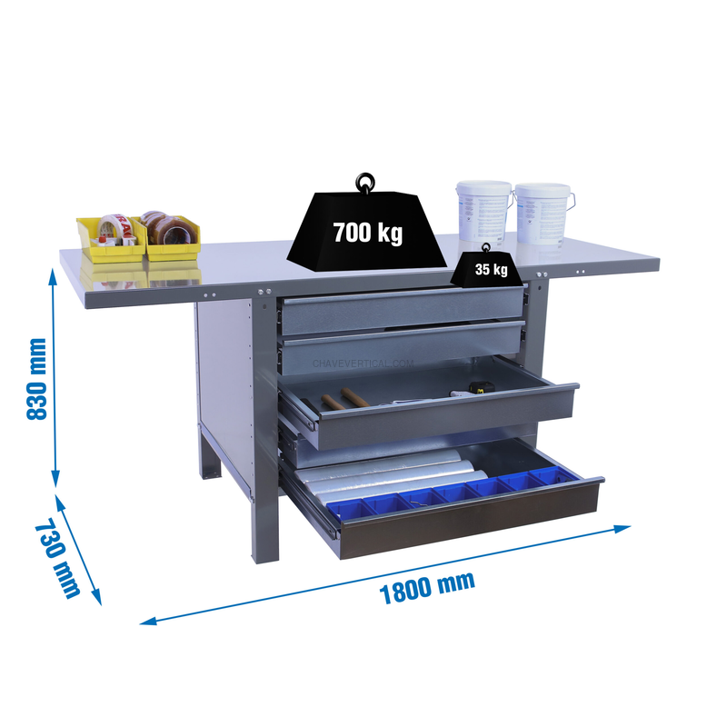 Bancada de Trabalho SIMONWORK BT6 PRO METAL 5BOX 1800 Cinzento - 830 x 1800 x 730 mm