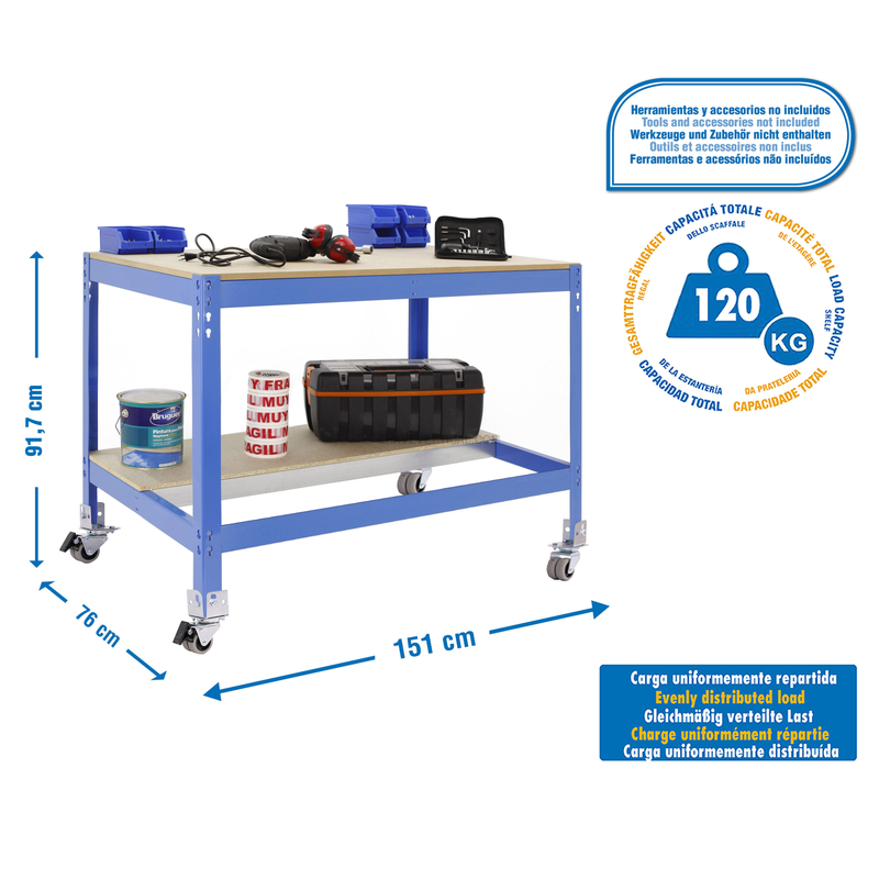 Bancada de Trabalho SIMONWORK Móvel BT0 1500 AZUL/Madeira - 917 x 1510 x 760 mm