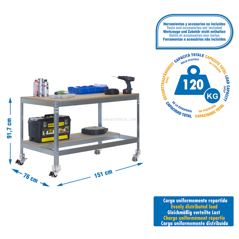 Bancada de Trabalho SIMONWORK Móvel BT0 1500 Galvanizado/Madeira - 917 x 1510 x 760 mm