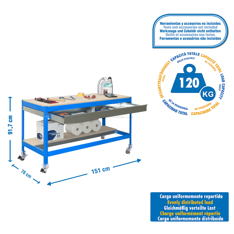 Bancada de Trabalho SIMONWORK Móvel BT0 BOX 1500 AZUL/Madeira - 917 x 1510 x 760 mm