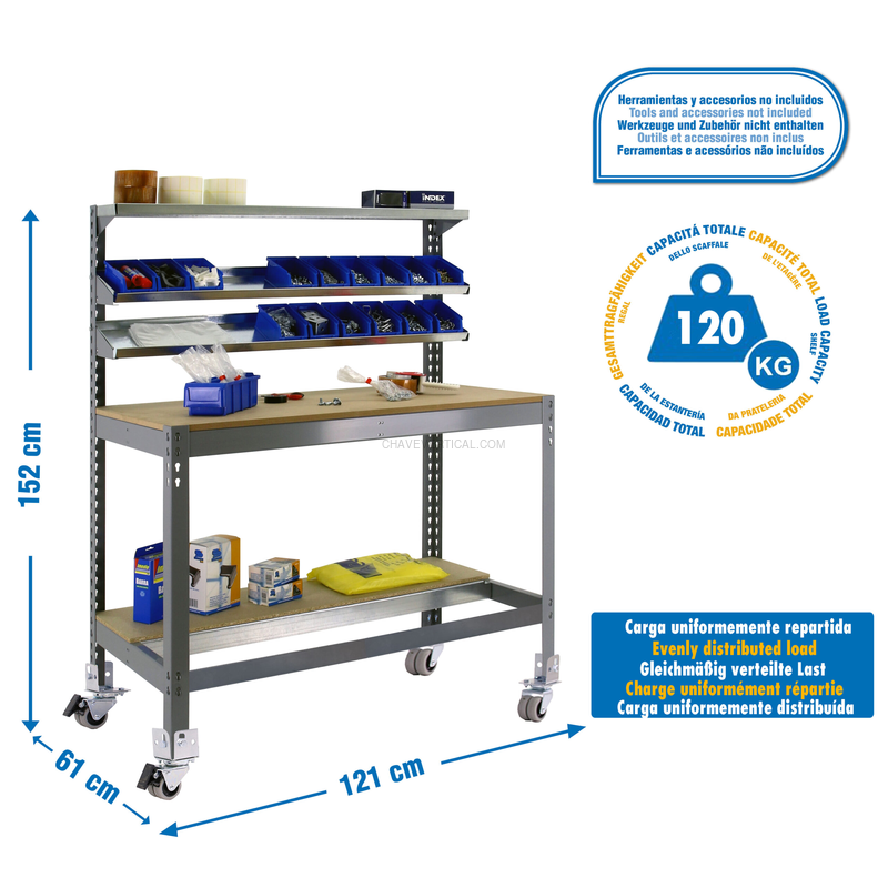 Bancada de Trabalho SIMONWORK Móvel BT1 1200 Cinzento/Madeira - 1520 x 1210 x 610 mm