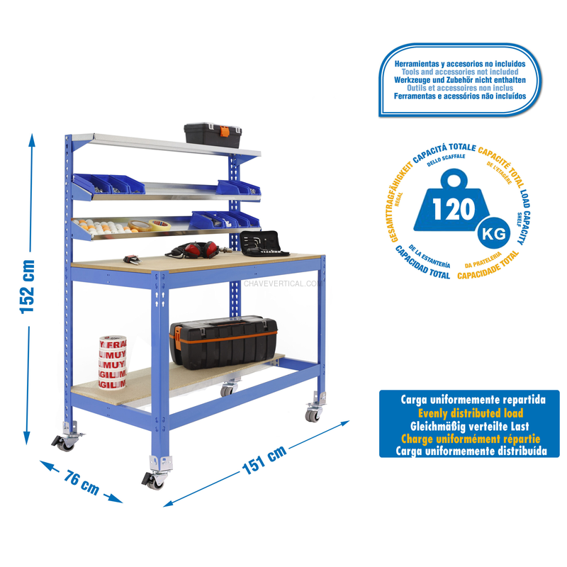 Bancada de Trabalho SIMONWORK Móvel BT1 1500 AZUL/Madeira - 1520 x 1510 x 760 mm