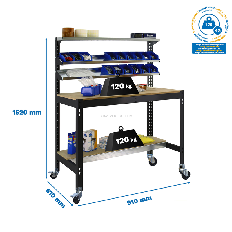 Bancada de Trabalho SIMONWORK Móvel BT1 900 Antracite/Madeira - 1520 x 910 x 610 mm