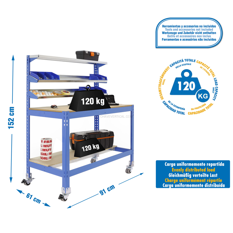Bancada de Trabalho SIMONWORK Móvel BT1 900 AZUL/Madeira - 1520 x 910 x 610 mm