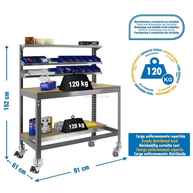 Bancada de Trabalho SIMONWORK Móvel BT1 900 Cinzento/Madeira - 1520 x 910 x 610 mm