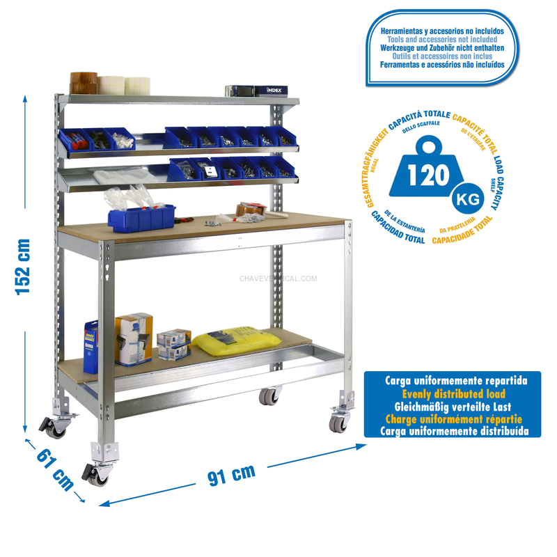 Bancada de Trabalho SIMONWORK Móvel BT1 900 Galvanizado/Madeira - 1520 x 910 x 610 mm