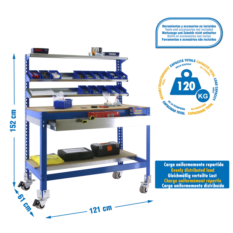 Bancada de Trabalho SIMONWORK Móvel BT1 BOX 1200 AZUL/Madeira - 1520 x 1210 x 610 mm