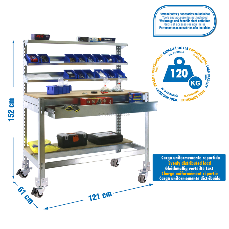 Bancada de Trabalho SIMONWORK Móvel BT1 BOX 1200 Galvanizado/Madeira - 1520 x 1210 x 610 mm