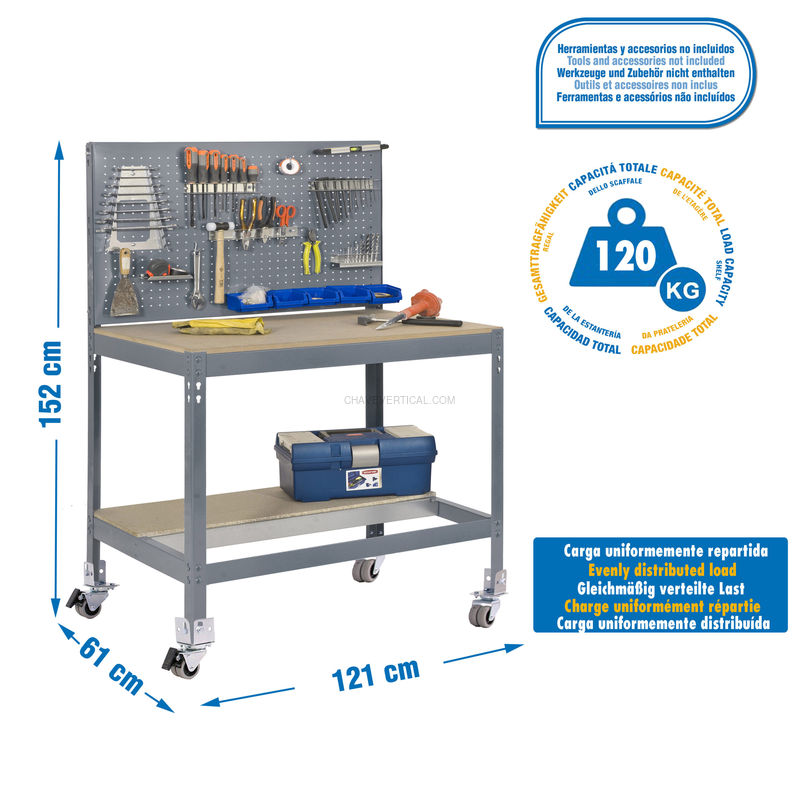 Bancada de Trabalho SIMONWORK Móvel BT2 1200 Cinzento/Madeira - 1520 x 1210 x 610 mm