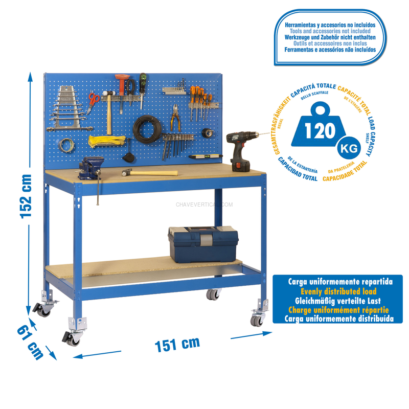Bancada de Trabalho SIMONWORK Móvel BT2 1500 AZUL/Madeira - 1520 x 1510 x 610 mm