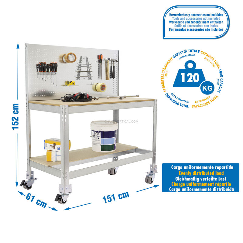 Bancada de Trabalho SIMONWORK Móvel BT2 1500 Galvanizado/Madeira - 1520 x 1510 x 610 mm