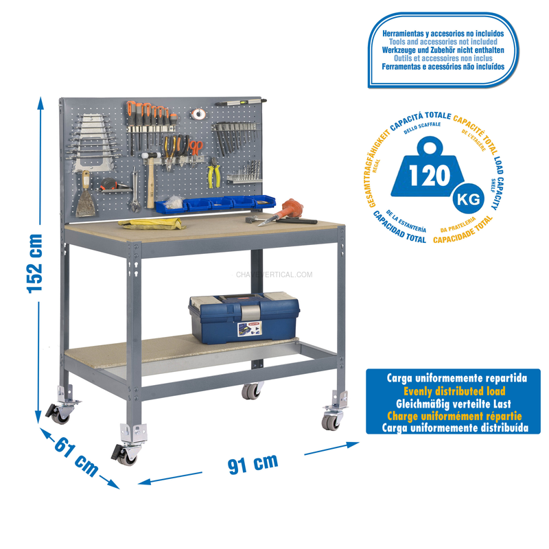 Bancada de Trabalho SIMONWORK Móvel BT2 900 Cinzento/Madeira - 1520 x 910 x 610 mm