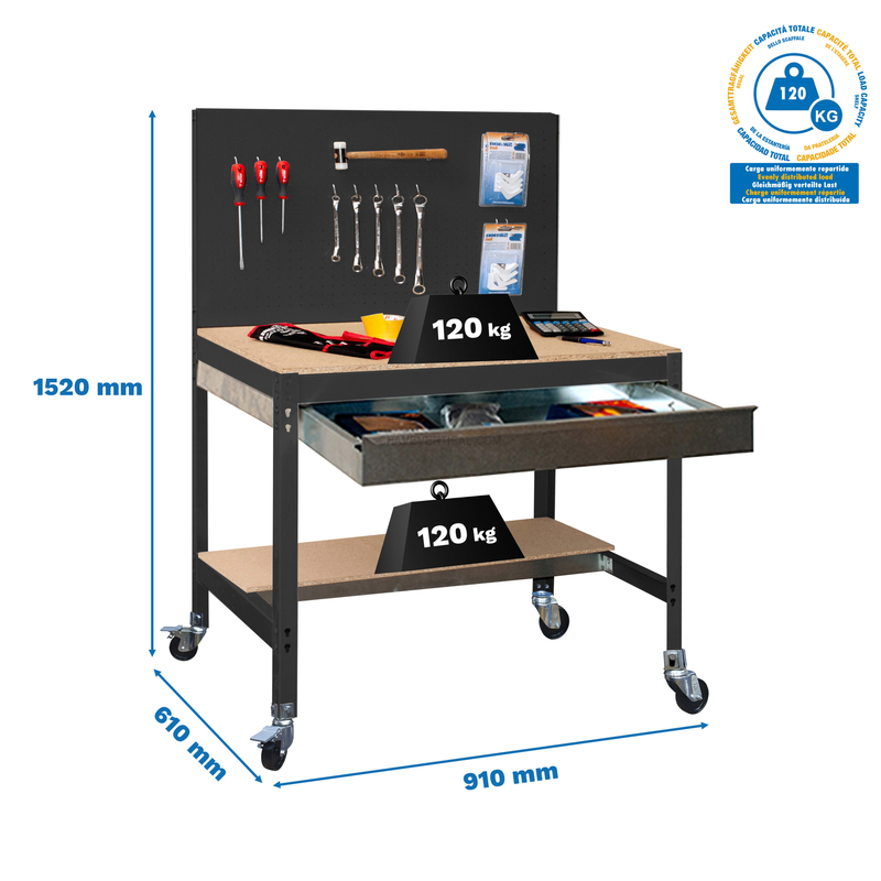 Bancada de Trabalho SIMONWORK Móvel BT2 BOX 900 Antracite/Madeira - 1520 x 910 x 610 mm