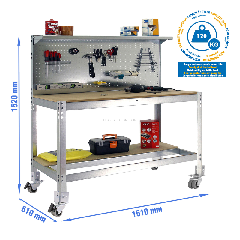 Bancada de Trabalho SIMONWORK Móvel BT3 1500 Galvanizado/Madeira - 1520 x 1510 x 610 mm