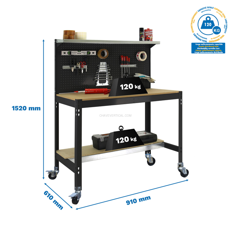 Bancada de Trabalho SIMONWORK Móvel BT3 900 Antracite/Madeira - 1520 x 910 x 610 mm