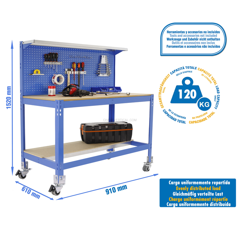 Bancada de Trabalho SIMONWORK Móvel BT3 900 AZUL/Madeira - 1520 x 910 x 610 mm