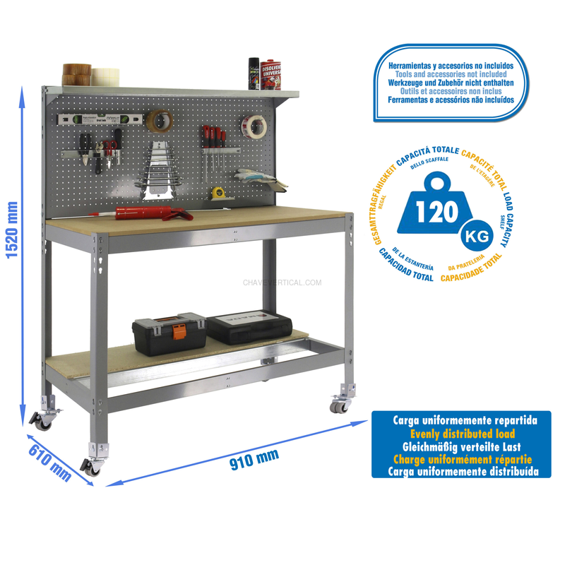 Bancada de Trabalho SIMONWORK Móvel BT3 900 Cinzento/Madeira - 1520 x 910 x 610 mm