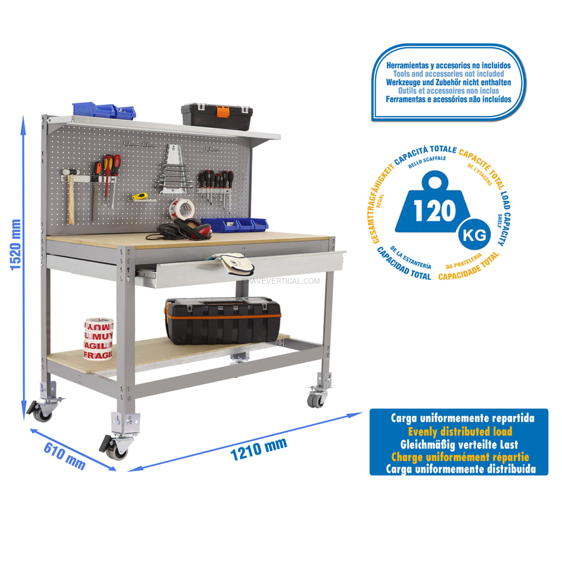 Bancada de Trabalho SIMONWORK Móvel BT3 BOX 1200 Cinzento/Madeira - 1520 x 1210 x 610 mm