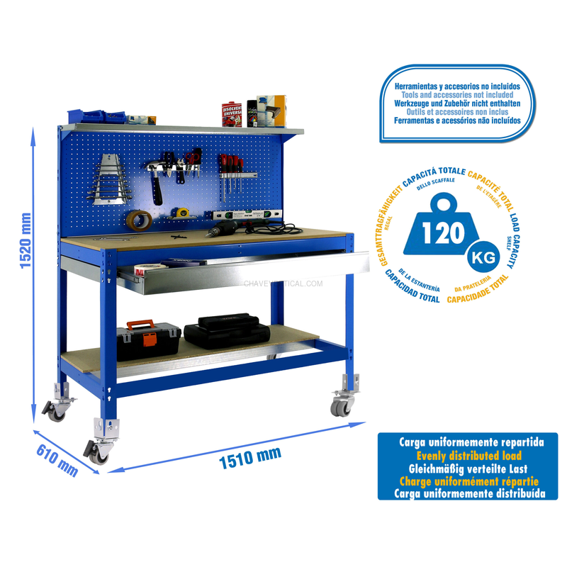 Bancada de Trabalho SIMONWORK Móvel BT3 BOX 1500 AZUL/Madeira - 1520 x 1510 x 610 mm