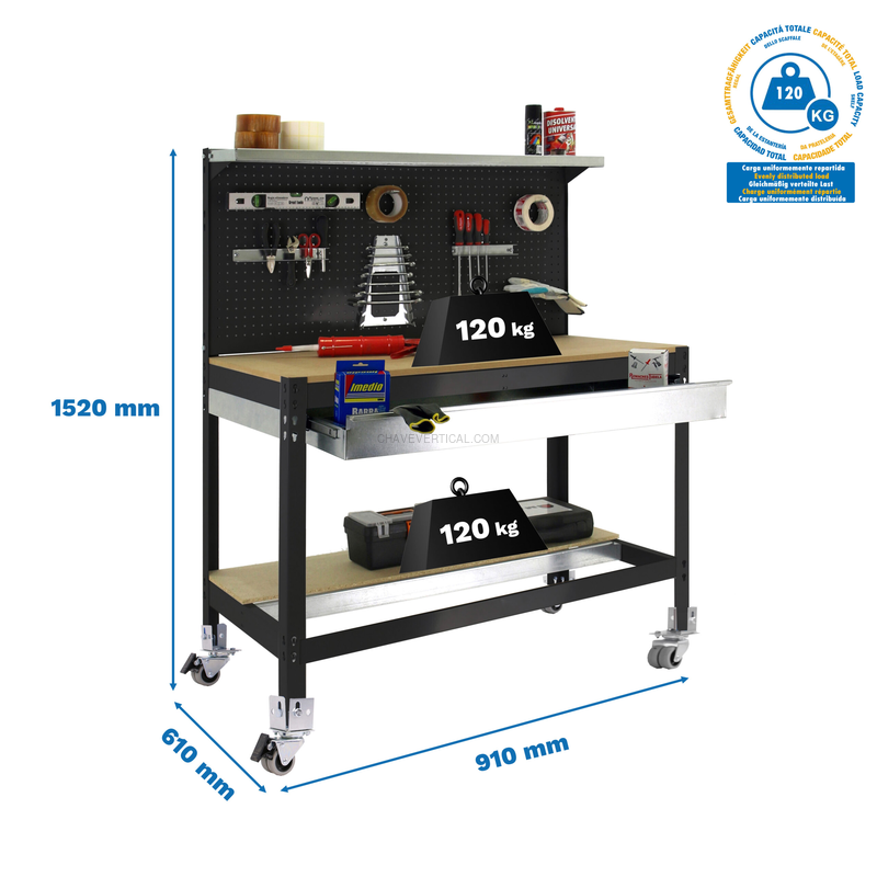 Bancada de Trabalho SIMONWORK Móvel BT3 BOX 900 Antracite/Madeira - 1520 x 910 x 610 mm