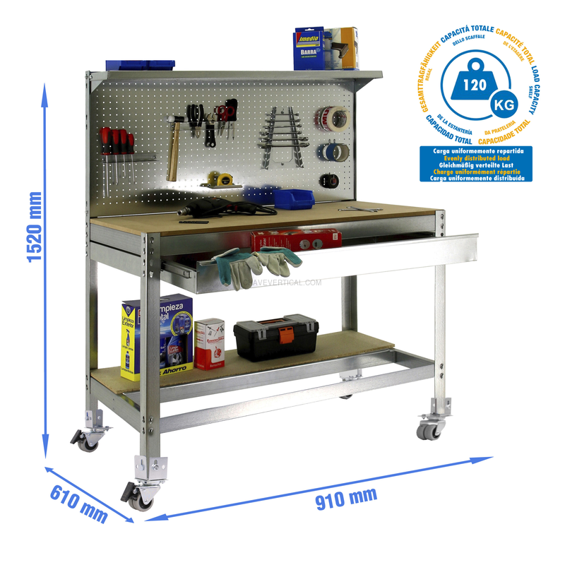 Bancada de Trabalho SIMONWORK Móvel BT3 BOX 900 Galvanizado/Madeira - 1520 x 910 x 610 mm