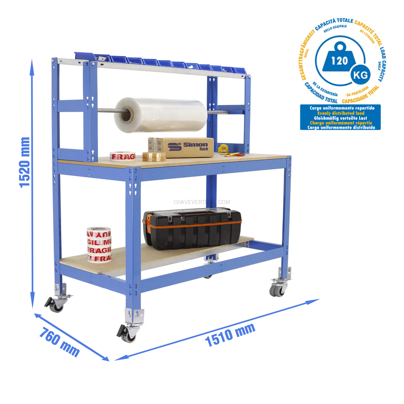 Bancada de Trabalho SIMONWORK Móvel BT4 1500 AZUL/Madeira - 1520 x 1510 x 760 mm