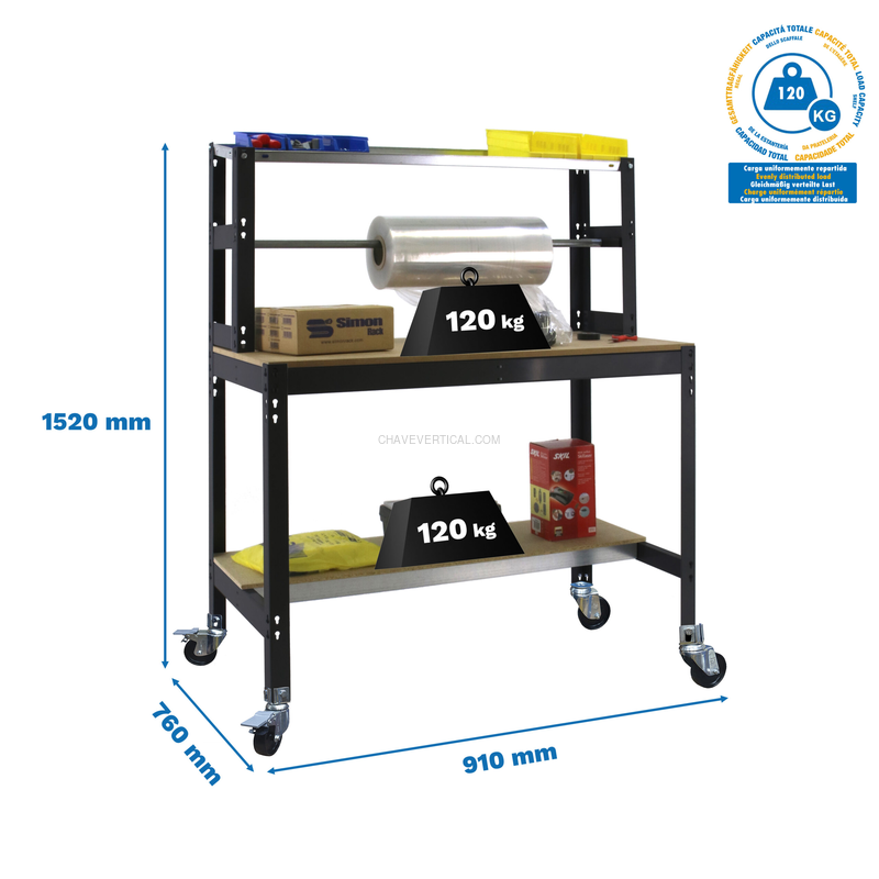 Bancada de Trabalho SIMONWORK Móvel BT4 900 Antracite/Madeira - 1520 x 910 x 760 mm