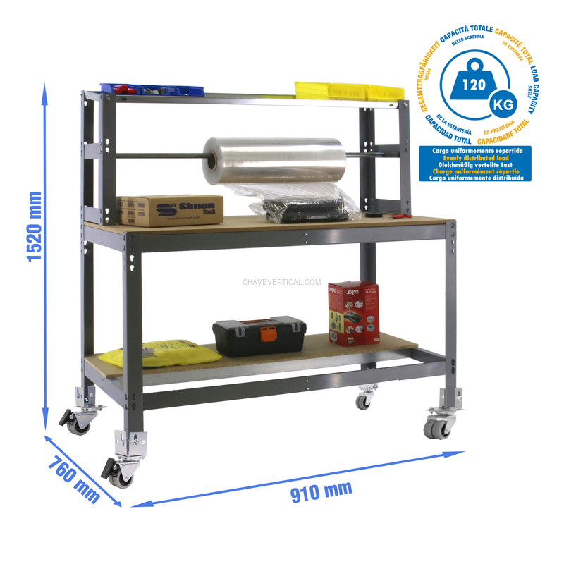 Bancada de Trabalho SIMONWORK Móvel BT4 900 Cinzento/Madeira - 1520 x 910 x 760 mm