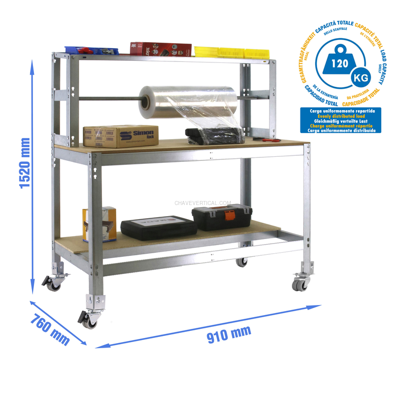 Bancada de Trabalho SIMONWORK Móvel BT4 900 Galvanizado/Madeira - 1520 x 910 x 760 mm