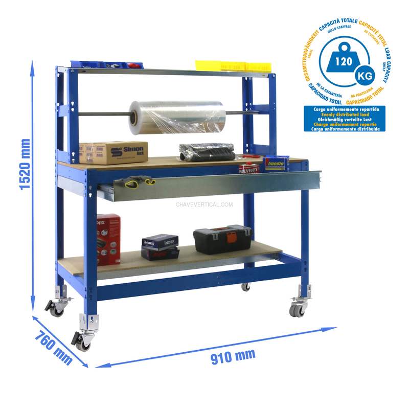 Bancada de Trabalho SIMONWORK Móvel BT4 BOX 900 AZUL/Madeira - 1520 x 910 x 760 mm