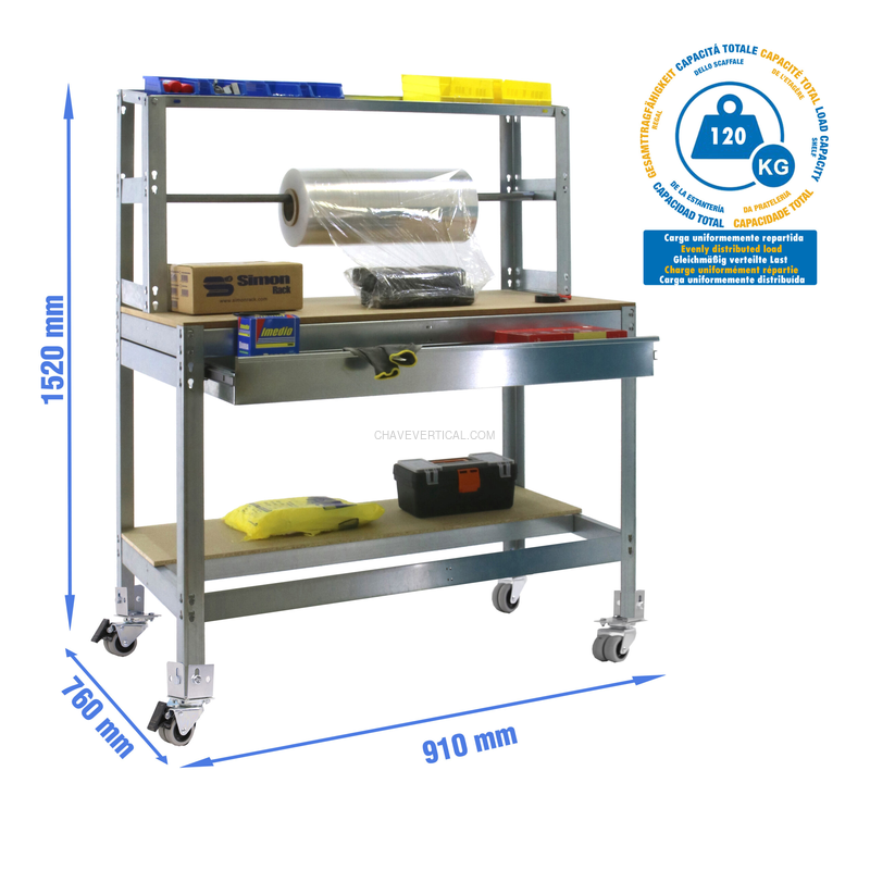 Bancada de Trabalho SIMONWORK Móvel BT4 BOX 900 Galvanizado/Madeira - 1520 x 910 x 760 mm
