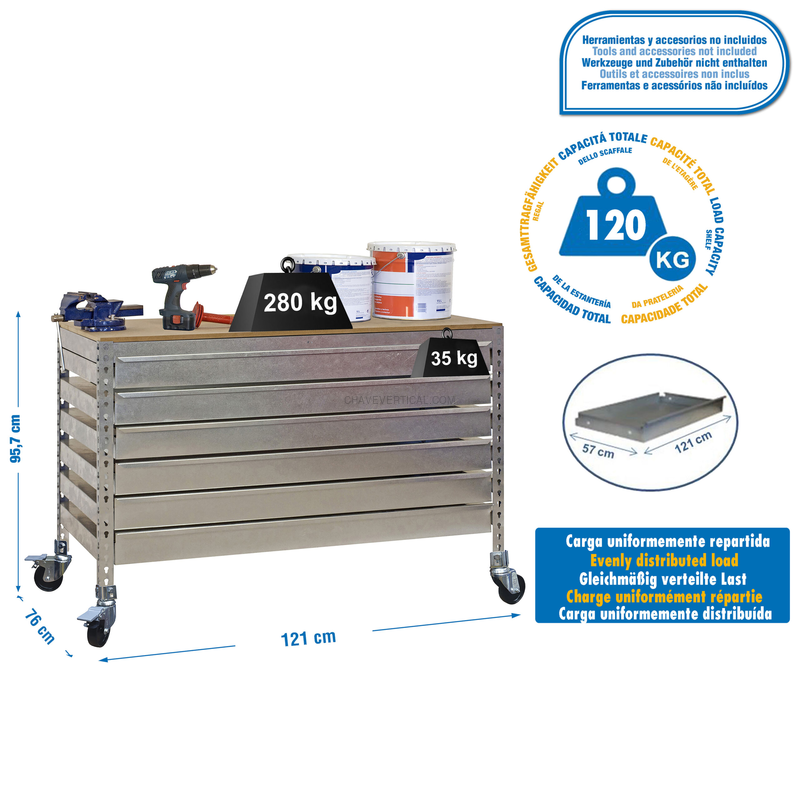 Bancada de Trabalho SIMONWORK Móvel BT5 BOX6 1200 Galvanizado/Madeira - 917 x 1210 x 760 mm