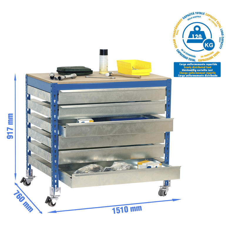 Bancada de Trabalho SIMONWORK Móvel BT5 BOX6 1500 AZUL/Madeira - 917 x 1510 x 760 mm