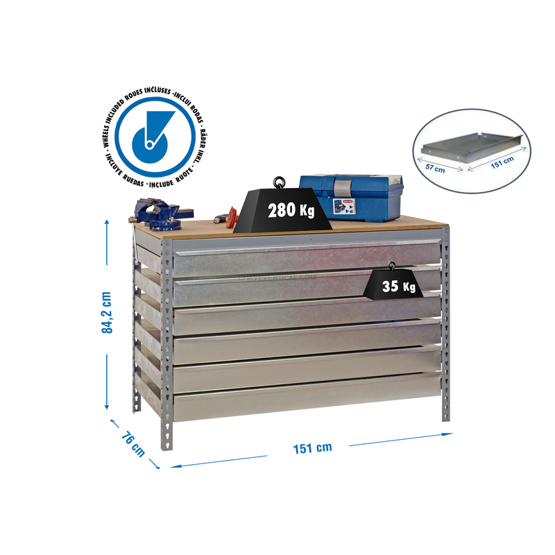 Bancada de Trabalho SIMONWORK Móvel BT5 BOX6 1500 Galvanizado/Madeira - 917 x 1510 x 760 mm