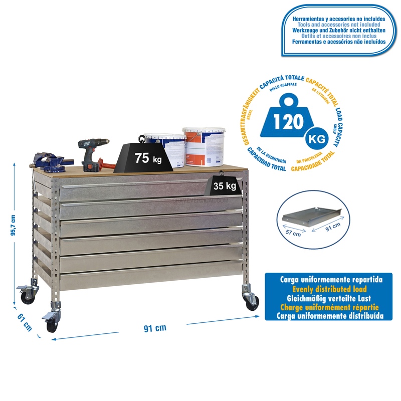 Bancada de Trabalho SIMONWORK Móvel BT5 BOX6 900 Galvanizado/Madeira - 917 x 910 x 610 mm