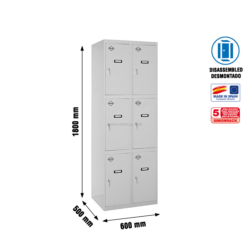 Cacifo Metálico SIMONLOCKER Desmontado 3 PUERTAS 2/6 300 (600) Cinzento - 1800 x 600 x 500 mm