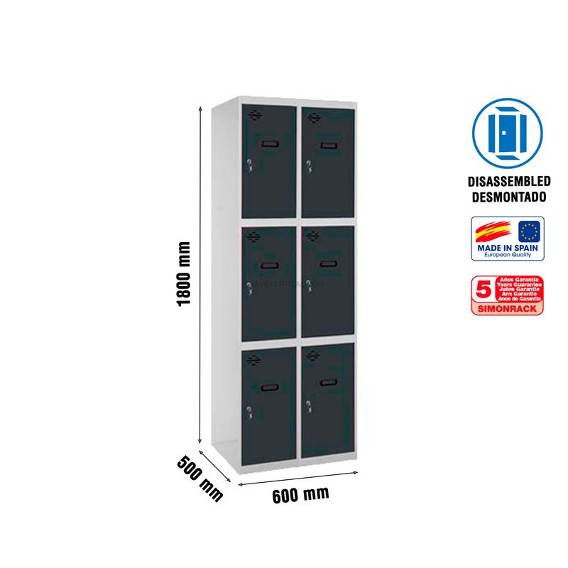 Cacifo Metálico SIMONLOCKER Desmontado 3 PUERTAS 2/6 300 (600) Cinzento/AN - 1800 x 600 x 500 mm