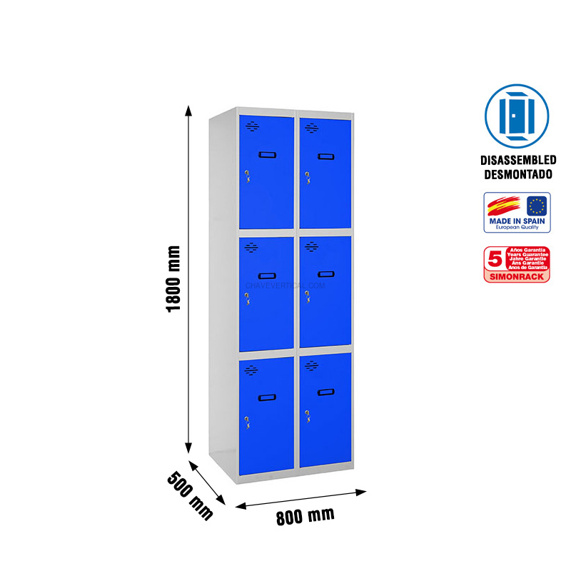Cacifo Metálico SIMONLOCKER Desmontado 3 PUERTAS 2/6 400 (800) Cinzento/Azul - 1800 x 800 x 500 mm