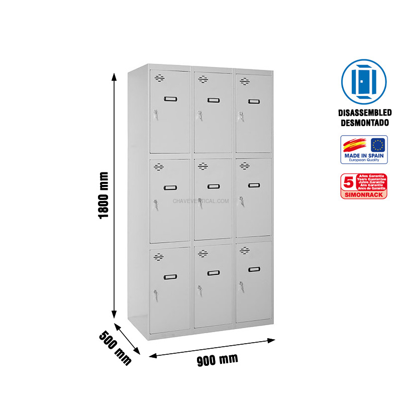 Cacifo Metálico SIMONLOCKER Desmontado 3 PUERTAS 3/9 300 (900) Cinzento - 1800 x 900 x 500 mm
