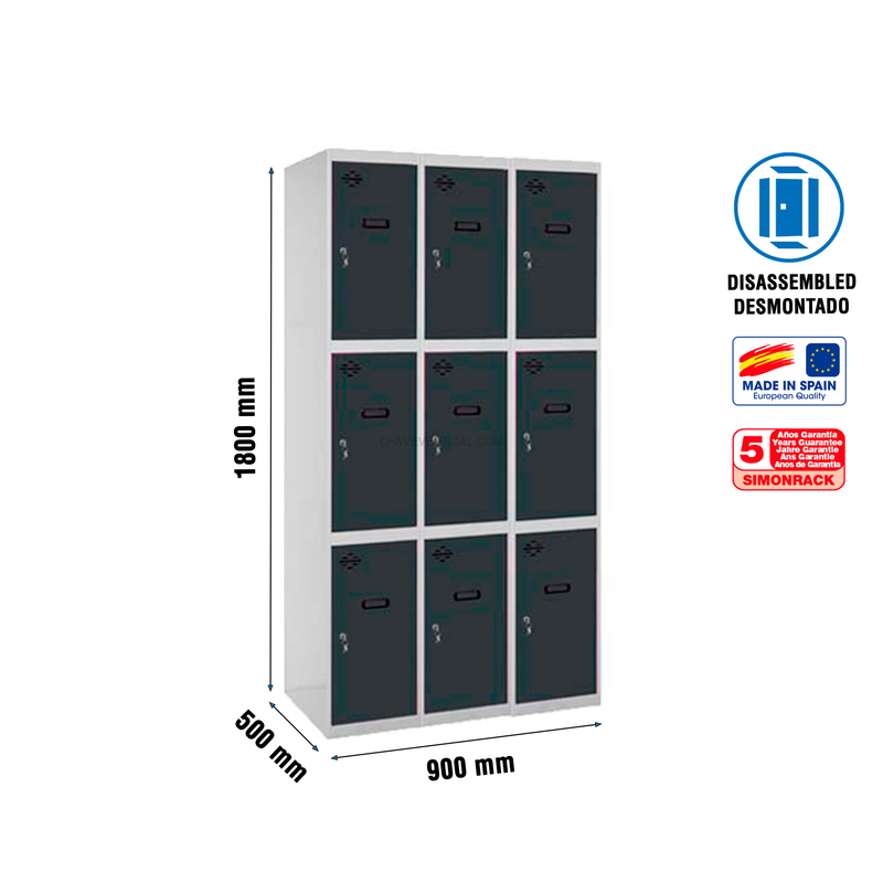Cacifo Metálico SIMONLOCKER Desmontado 3 PUERTAS 3/9 300 (900) Cinzento/AN - 1800 x 900 x 500 mm
