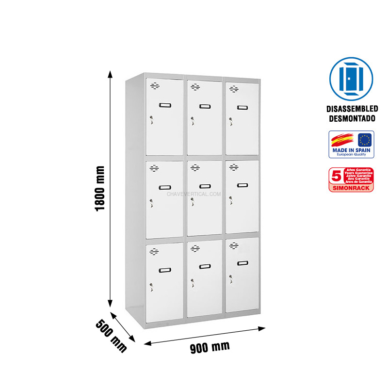 Cacifo Metálico SIMONLOCKER Desmontado 3 PUERTAS 3/9 300 (900) Cinzento/Branco - 1800 x 900 x 500 mm