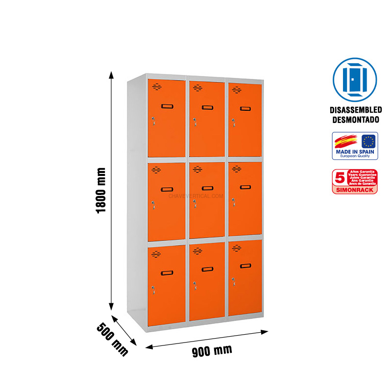 Cacifo Metálico SIMONLOCKER Desmontado 3 PUERTAS 3/9 300 (900) Cinzento/NA - 1800 x 900 x 500 mm