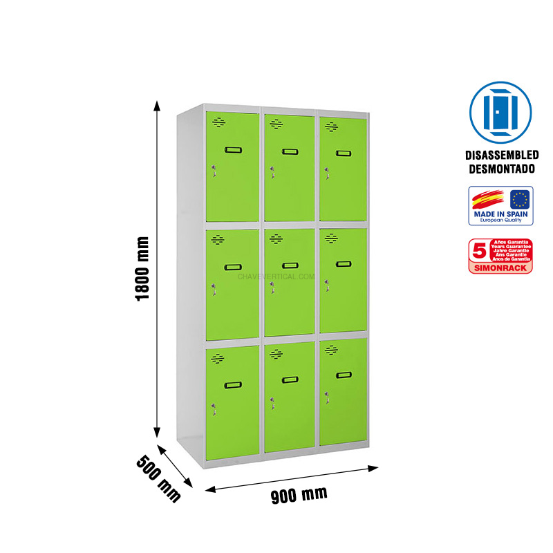 Cacifo Metálico SIMONLOCKER Desmontado 3 PUERTAS 3/9 300 (900) Cinzento/VE - 1800 x 900 x 500 mm
